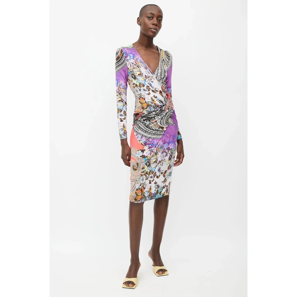 Etro Womens Midi Dress Size 42 Multicolor Print V Neckline Pencil Long sleeves